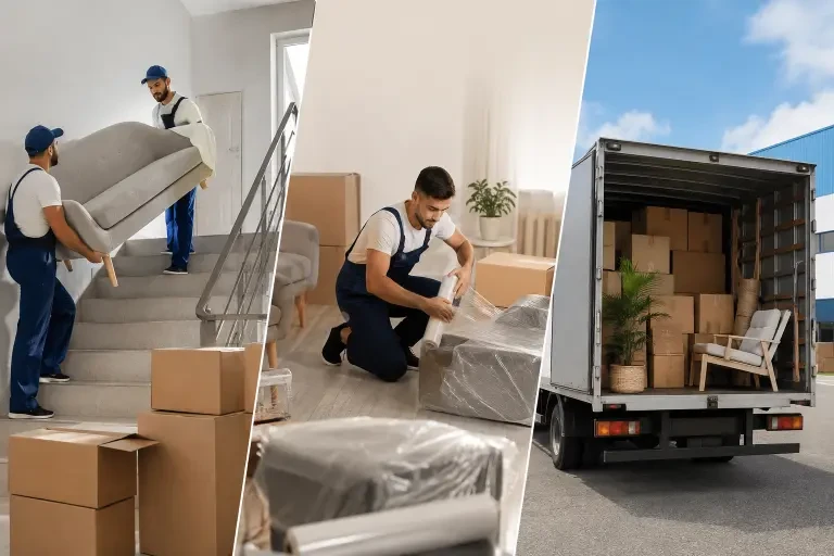 کارگران در حال بسته‌بندی، جابه‌جایی و بارگیری اثاثیه منزل برای اسباب‌کشی در مهرویلا
