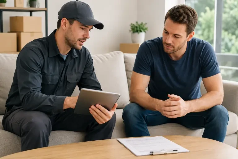 مشاور باربری گل‌بار کرج در حال بررسی فهرست وسایل و هزینه با مشتری