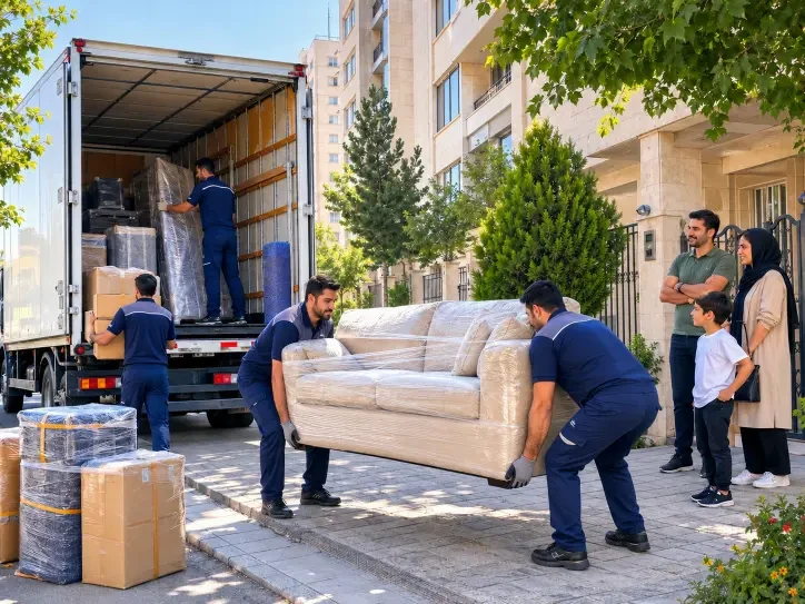 کارگران باربری حرفه‌ای در حال حمل ایمن اثاثیه منزل در مهرشهر کرج